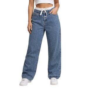 Edikted Women’s 28x29 Elastic Waist Jeans Straight Leg Blue Denim